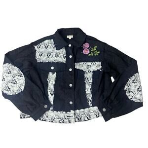 POL Boho Lace Patchwork Embroidered Jacket Black Button Front Medium
